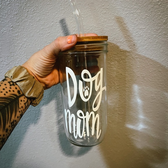 24oz Glass Mason Jar cup with bamboo lid and glass straw. - Picture 1 of 1